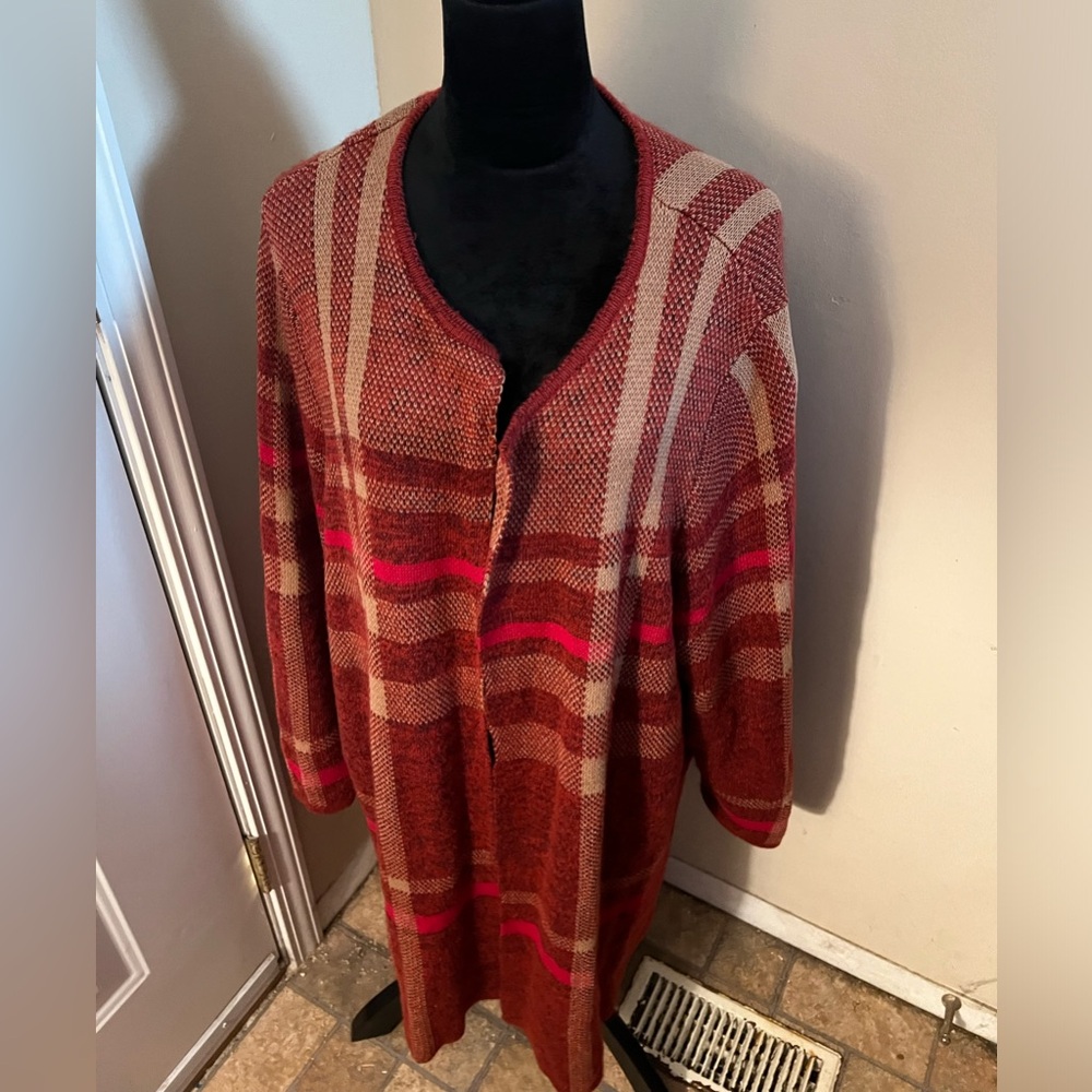Catherines Womens red beige plaid open front cardigan duster 3X